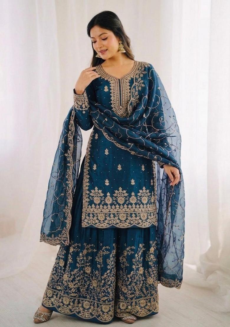 Teal Blue Embroidery Silk Sharara Set - Indya