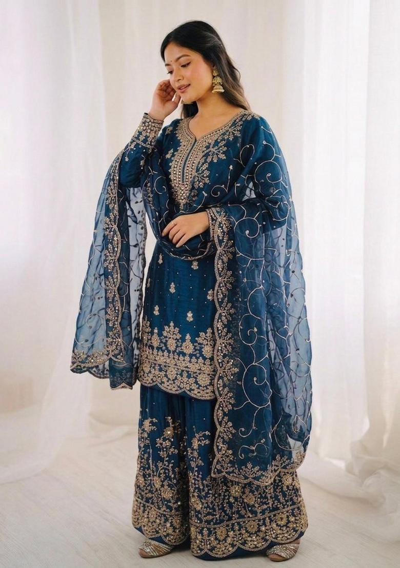 Teal Blue Embroidery Silk Sharara Set - Indya