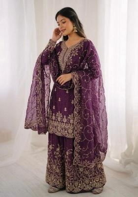 Wine Embroidery Silk Sharara Set