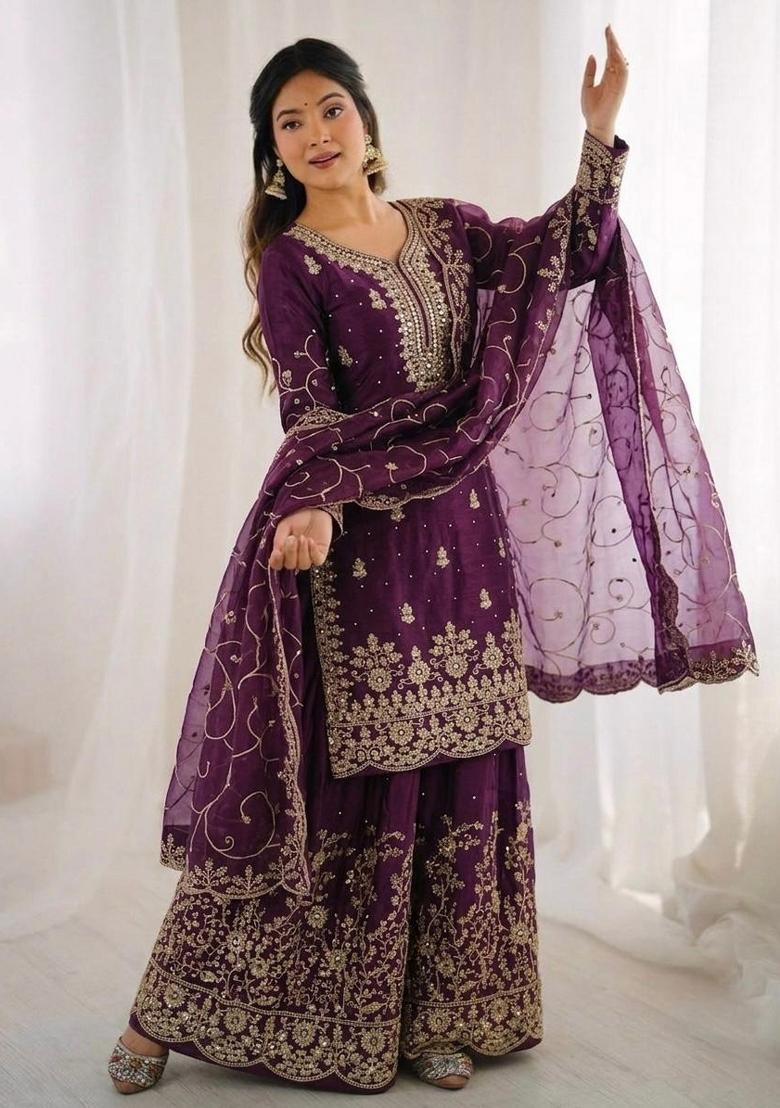 Wine Embroidery Silk Sharara Set - Indya