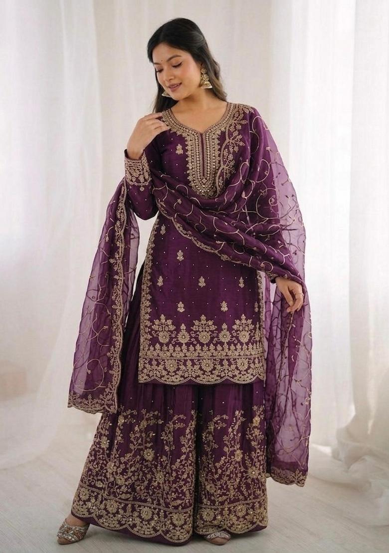 Wine Embroidery Silk Sharara Set - Indya