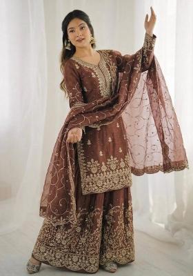 Coffee Embroidery Silk Sharara Set