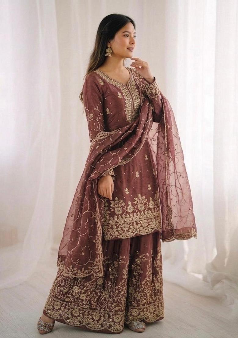 Coffee Embroidery Silk Sharara Set - Indya
