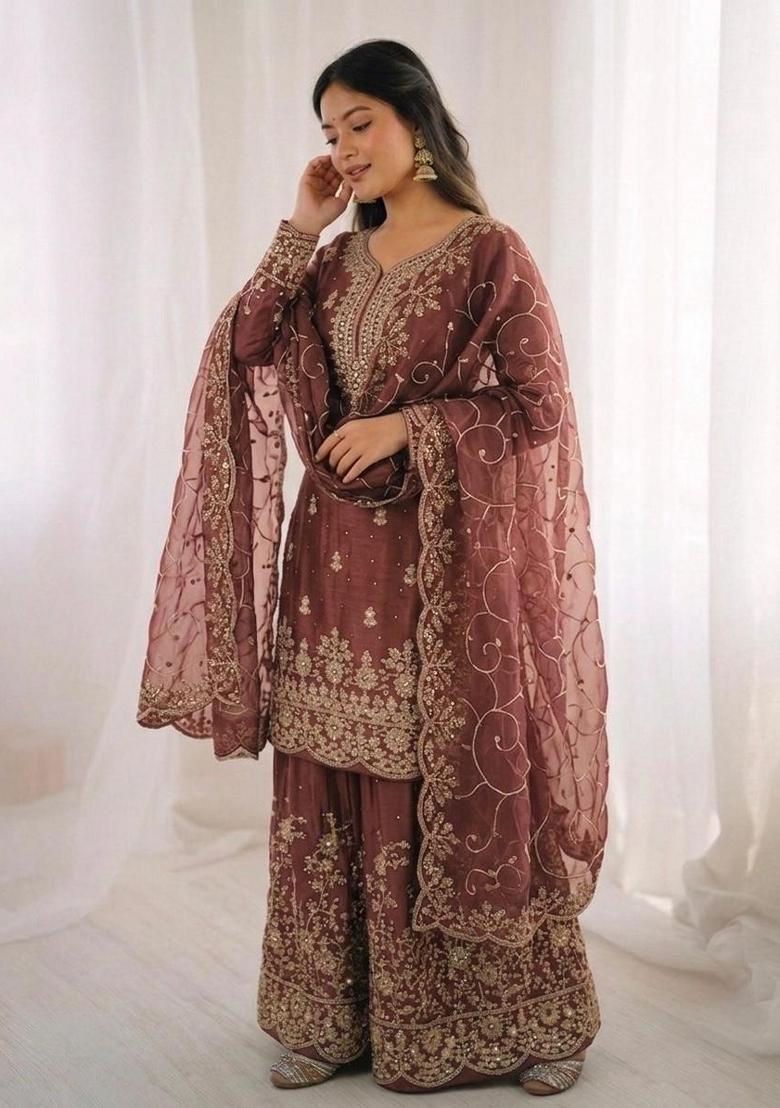 Coffee Embroidery Silk Sharara Set - Indya