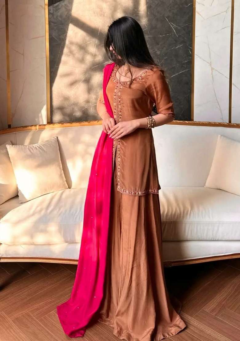 Brown Embroidery Silk Blend Salwar Kameez - Indya