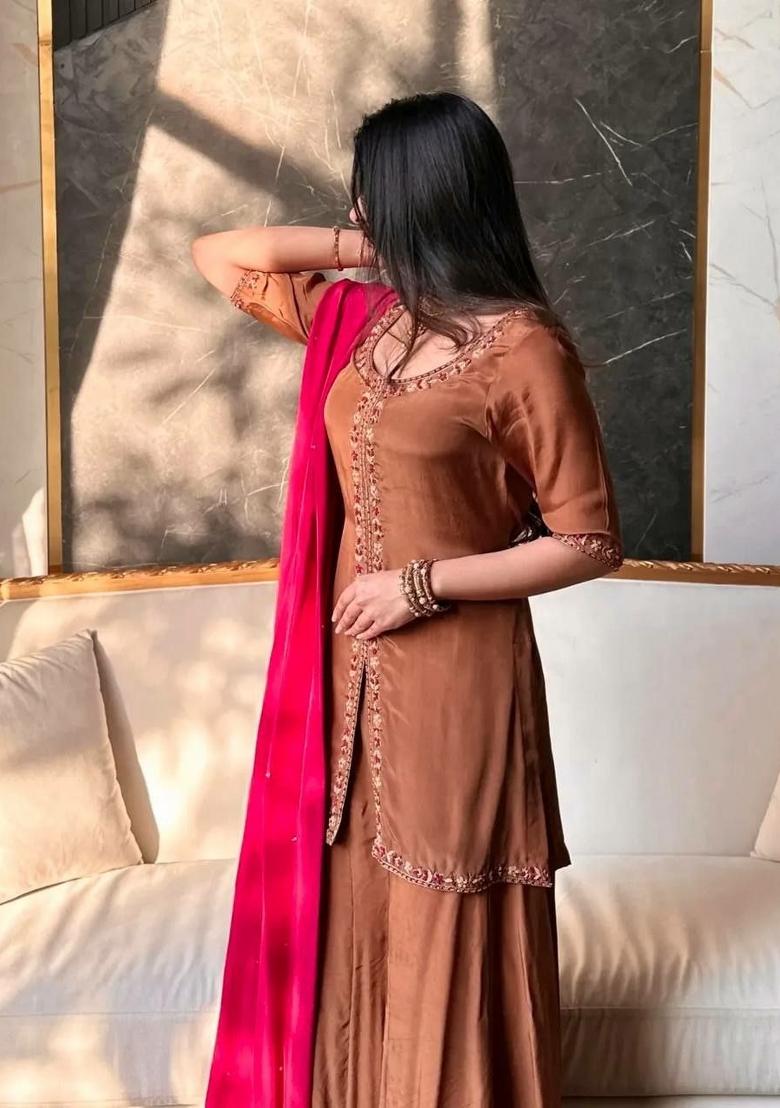 Brown Embroidery Silk Salwar Kameez - Indya