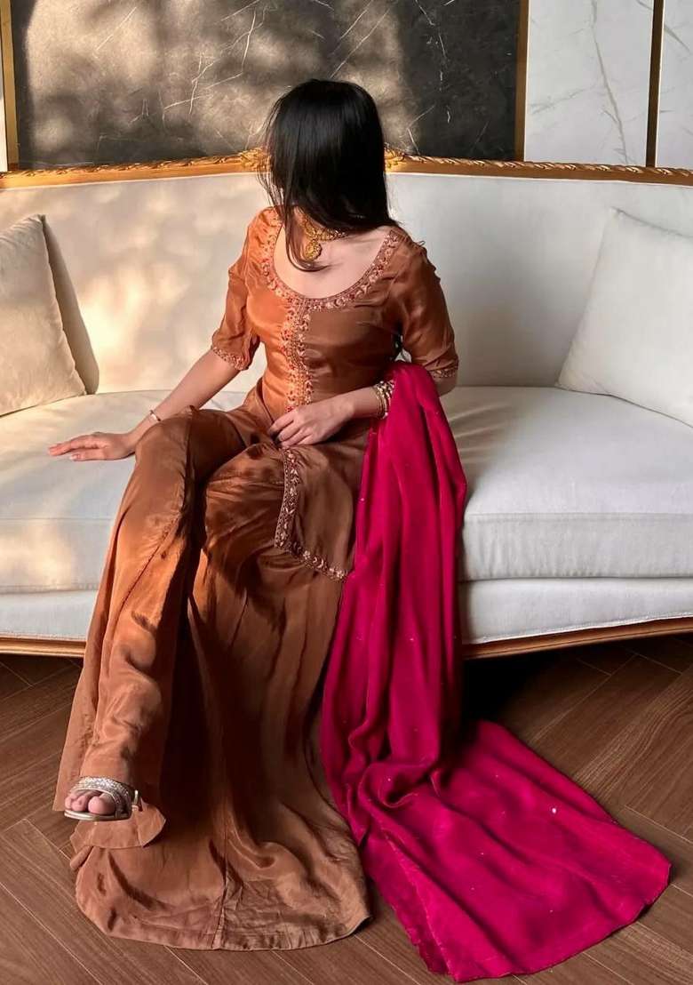 Brown Embroidery Silk Blend Salwar Kameez - Indya