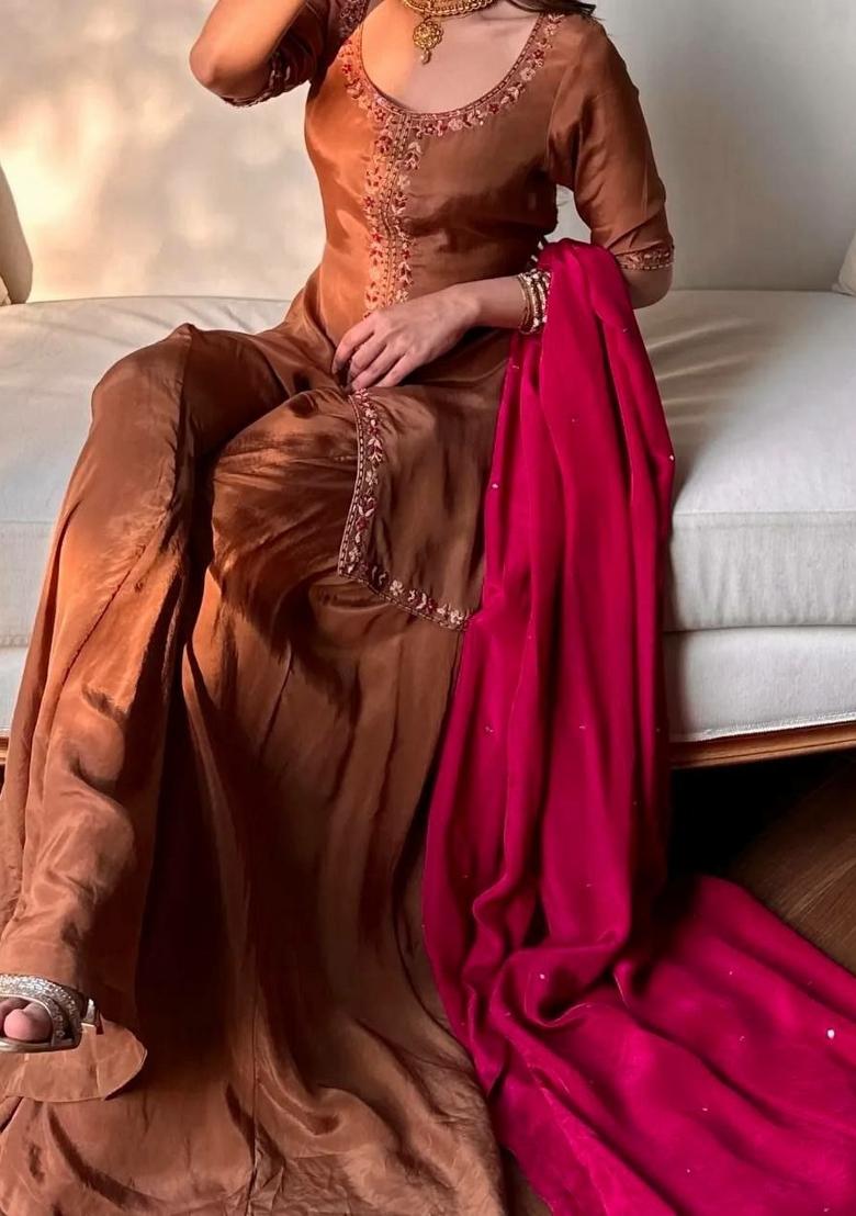 Brown Embroidery Silk Salwar Kameez - Indya