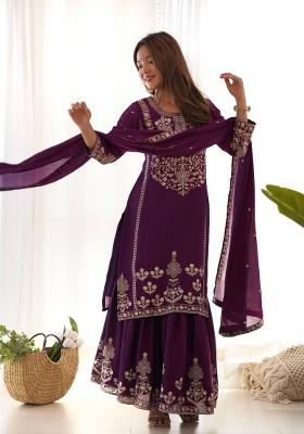 Purple Embroidery Silk Salwar Kameez