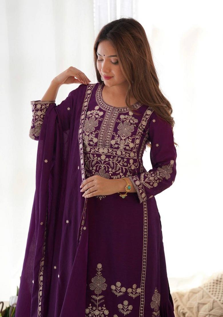 Purple Embroidery Silk Salwar Kameez - Indya