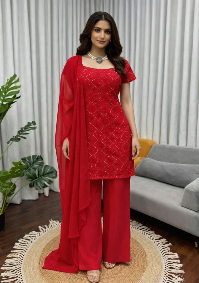 Red Embroidery Georgette Salwar Kameez - Indya