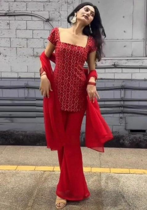 Red Embroidery Georgette Salwar Kameez