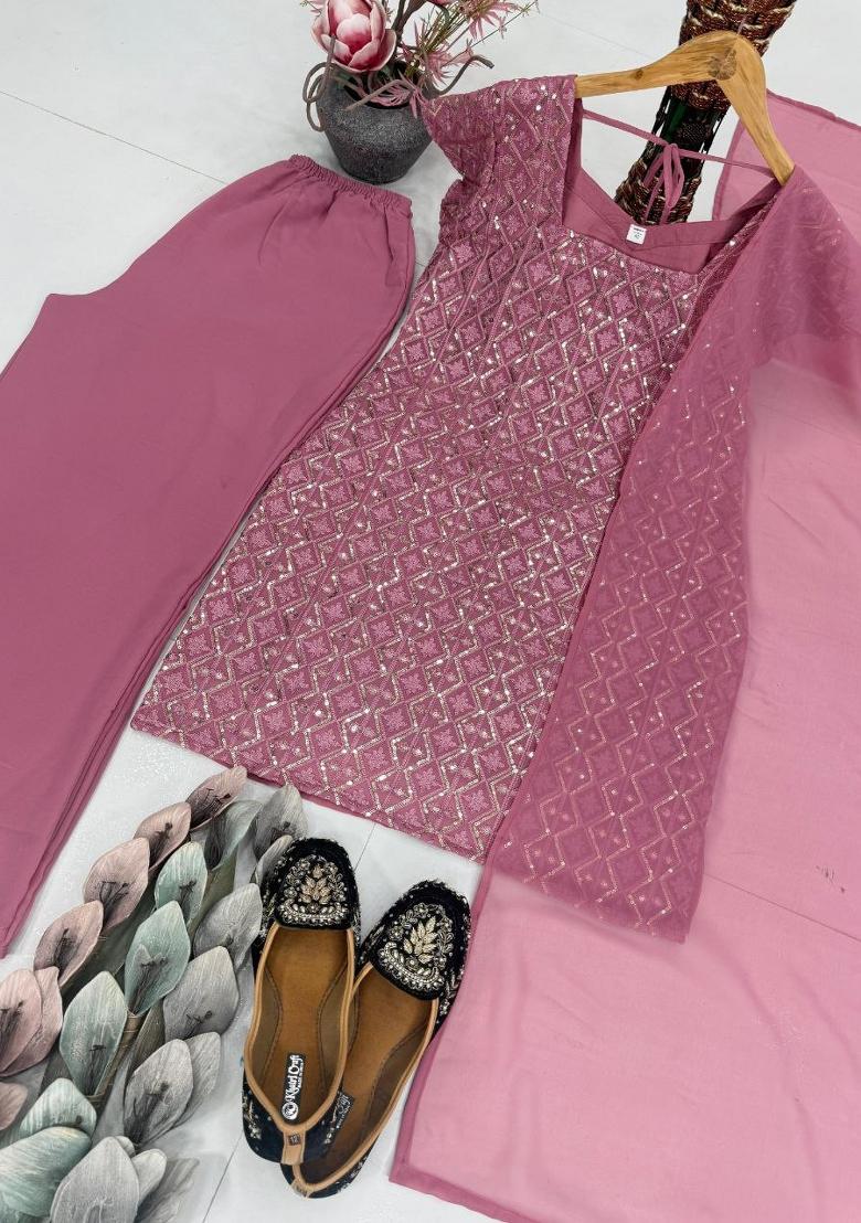 Purple Embroidery Georgette Salwar Kameez - Indya