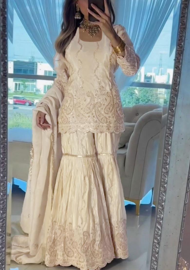Beige Embroidery Silk Salwar Kameez - Indya