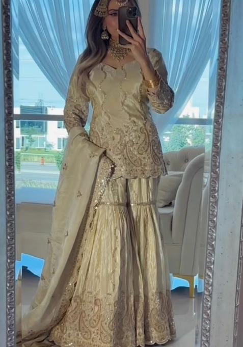 Beige Embroidery Silk Salwar Kameez