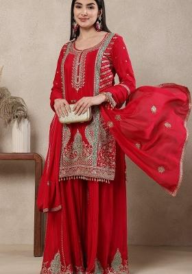 Red Embroidery Silk Salwar Kameez