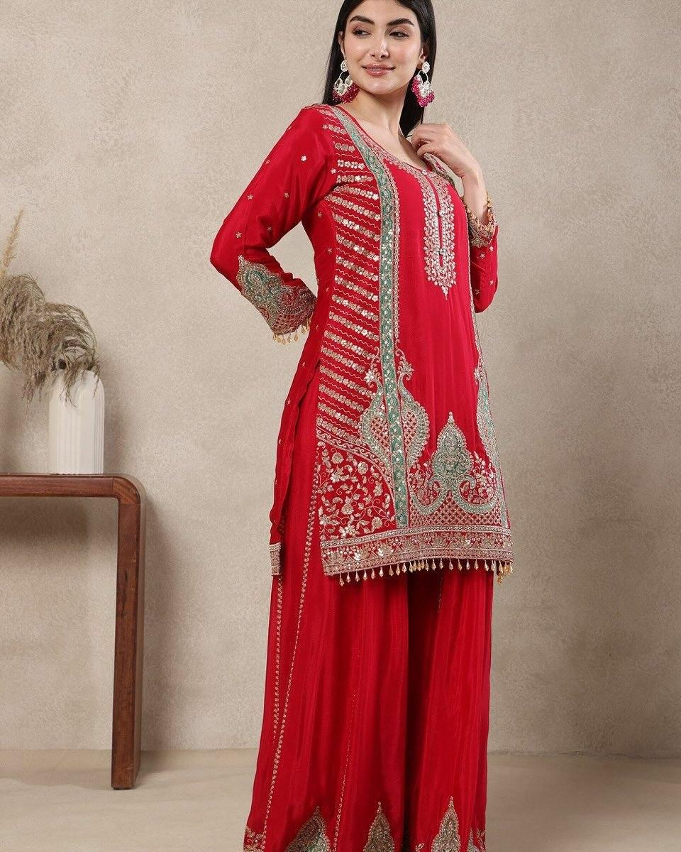 Red Embroidery Silk Salwar Kameez - Indya