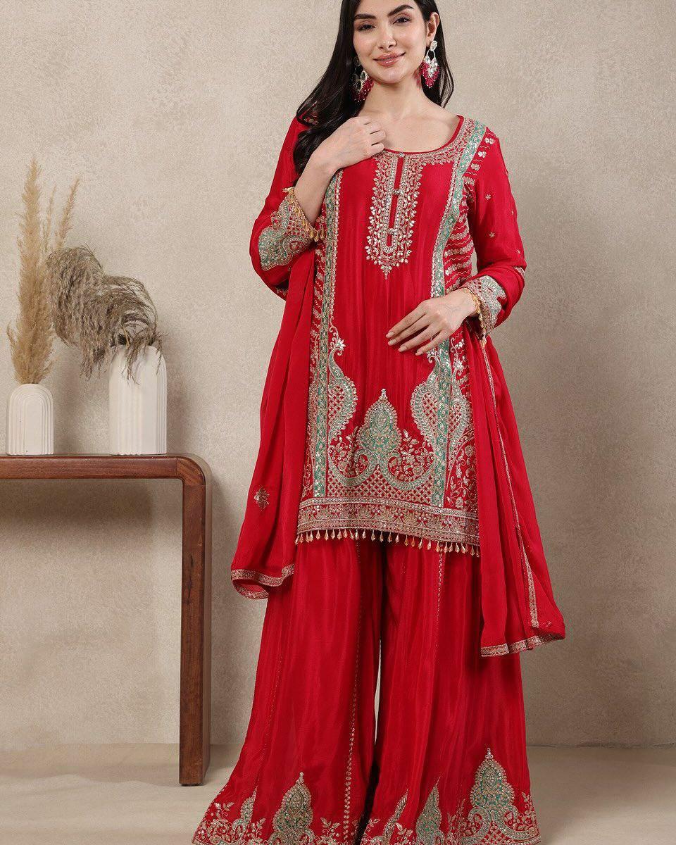 Red Embroidery Silk Salwar Kameez - Indya