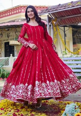 Red Embroidery Georgette Salwar Kameez