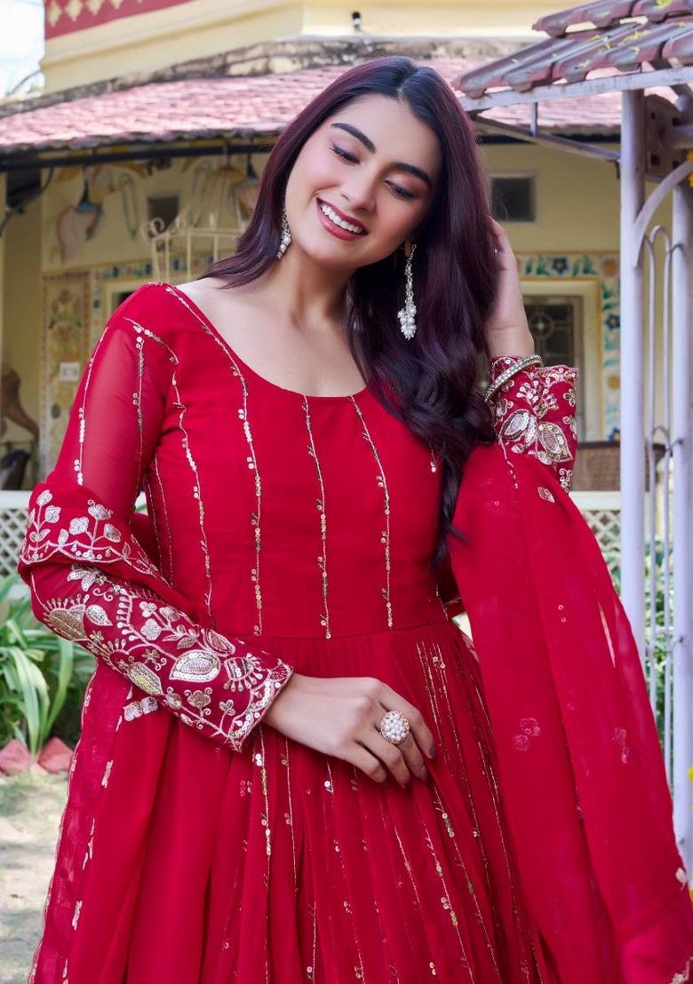 Red Embroidery Georgette Salwar Kameez - Indya