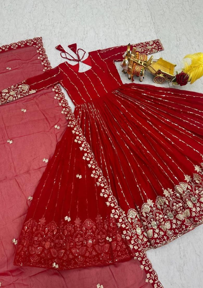 Red Embroidery Georgette Salwar Kameez - Indya
