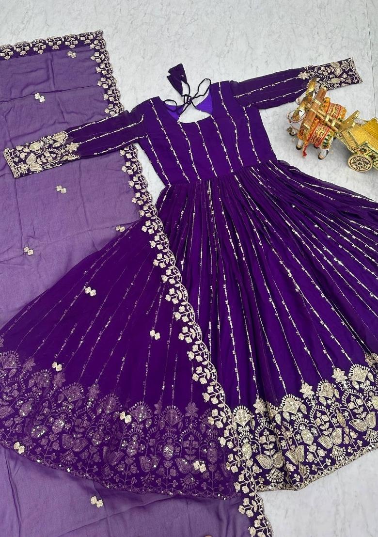 Purple Embroidery Georgette Salwar Kameez - Indya