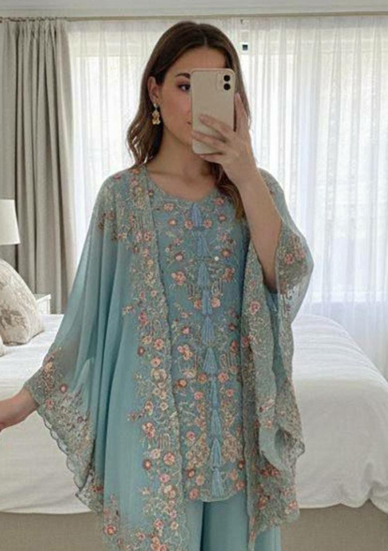 Blue Embroidery Georgette Salwar Kameez - Indya