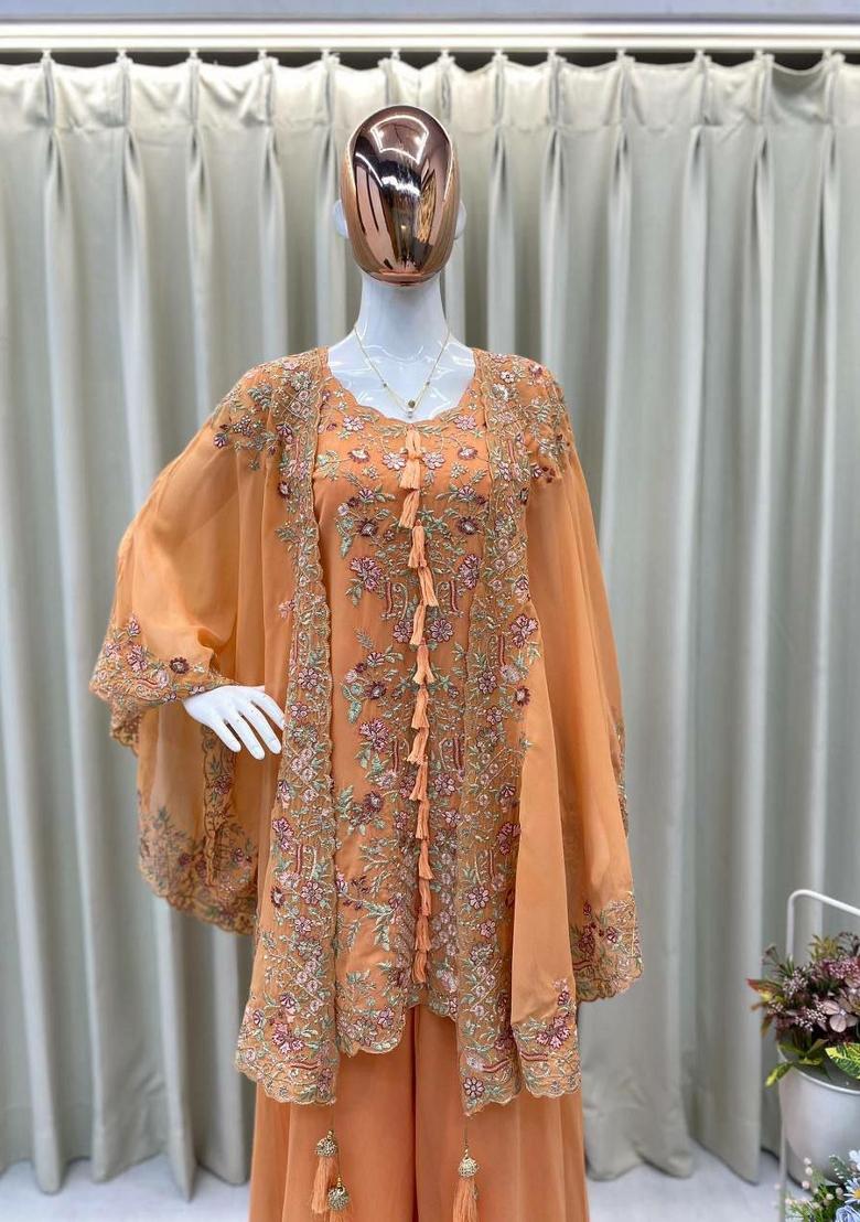 Peach Embroidery Georgette Salwar Kameez - Indya