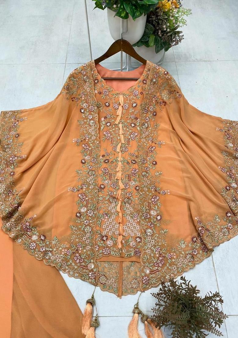 Peach Embroidery Georgette Salwar Kameez - Indya