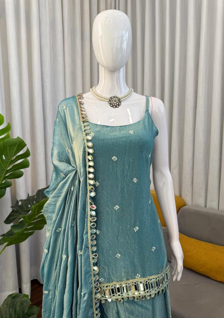 Blue Embroidery Silk Salwar Kameez - Indya