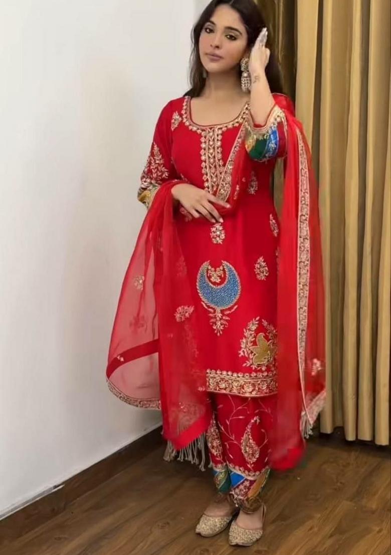 Red Embroidery Silk Salwar Kameez - Indya