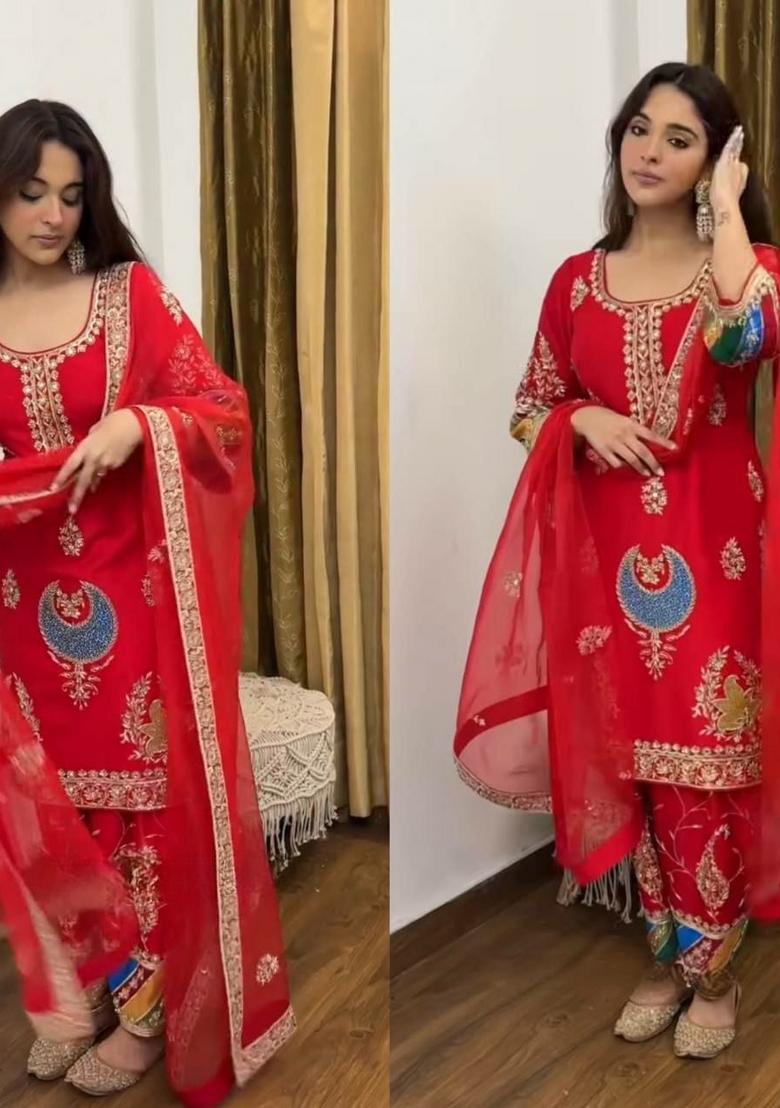 Red Embroidery Silk Salwar Kameez - Indya