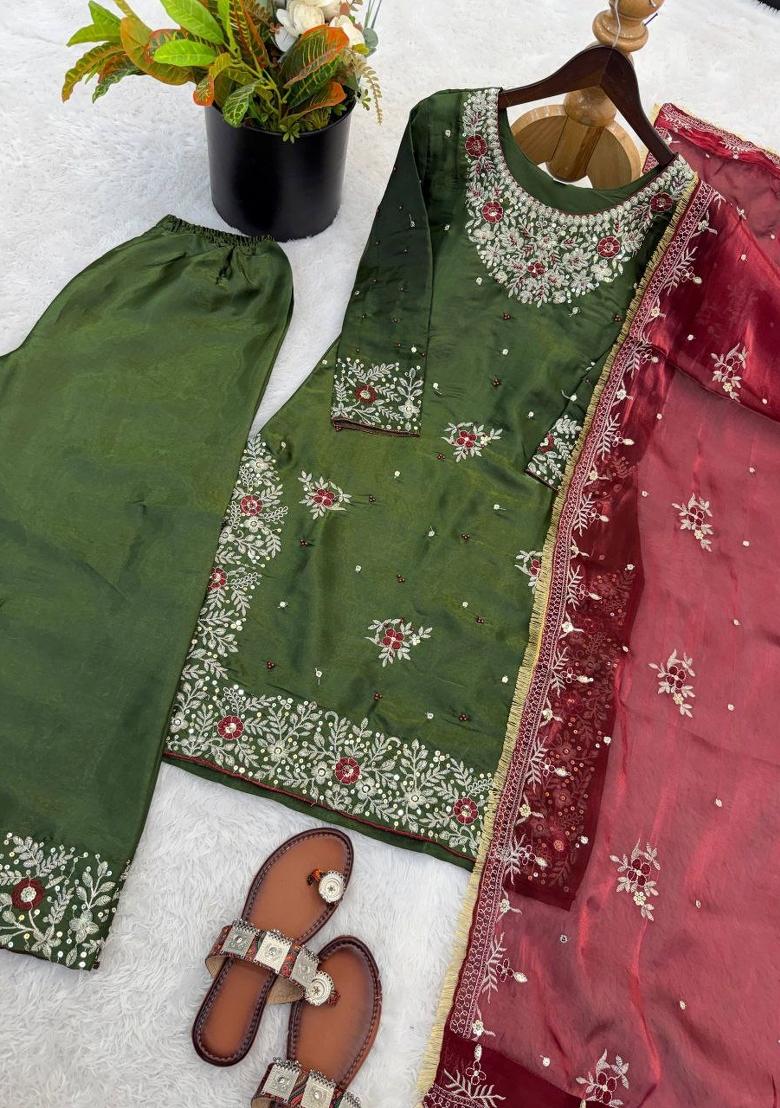 Green Embroidery Silk Salwar Kameez - Indya