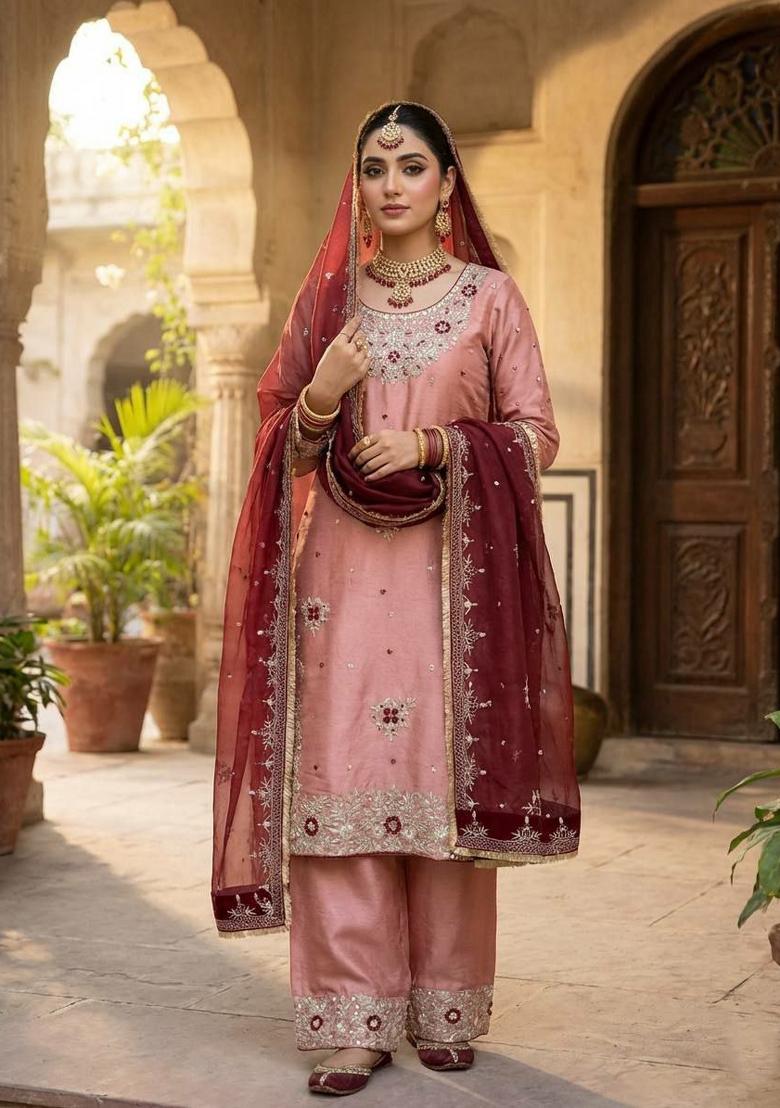 Pink Embroidery Silk Salwar Kameez - Indya