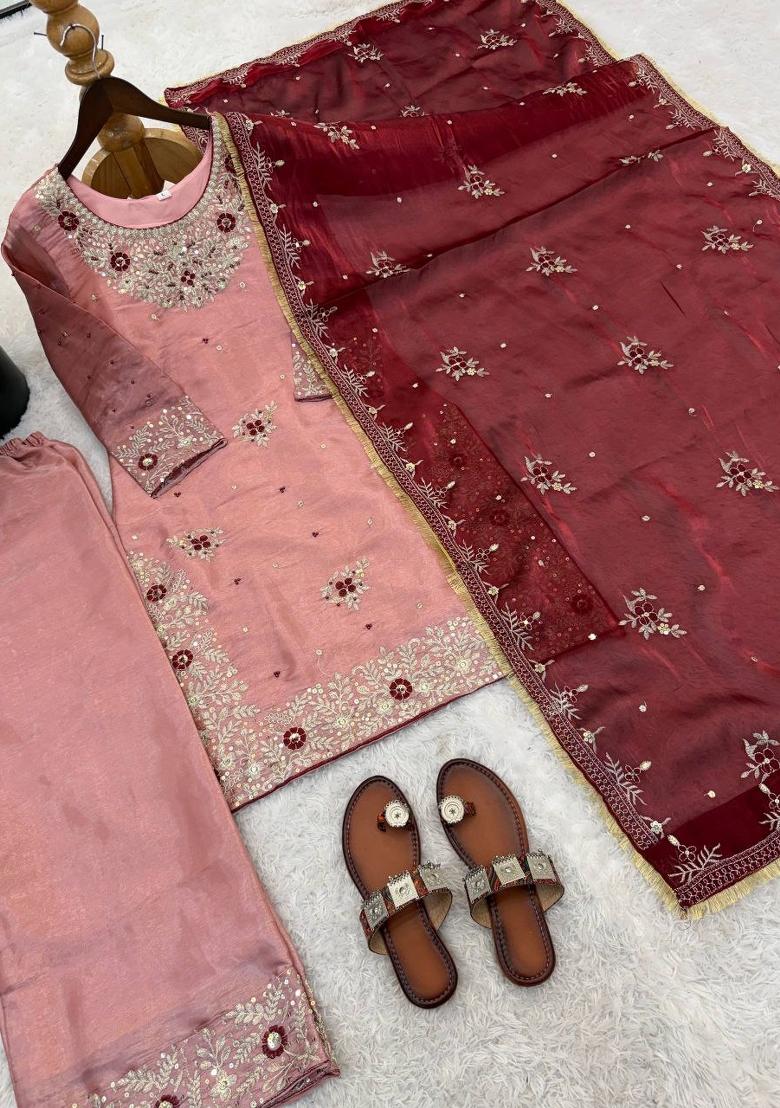 Pink Embroidery Silk Salwar Kameez - Indya
