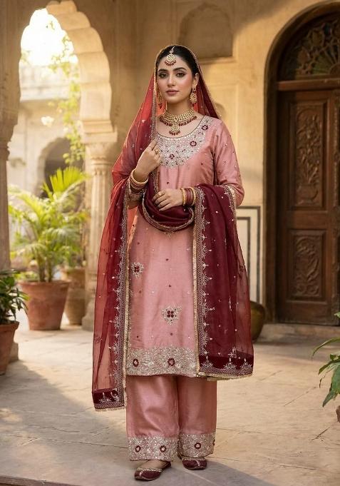Pink Embroidery Silk Salwar Kameez