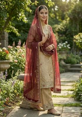 Brown Embroidery Silk Blend Salwar Kameez
