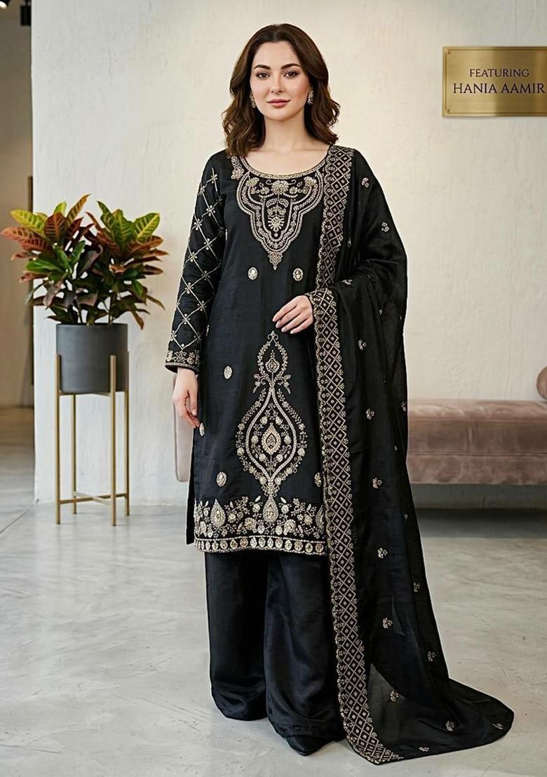 Black Embroidery Silk Salwar Kameez - Indya