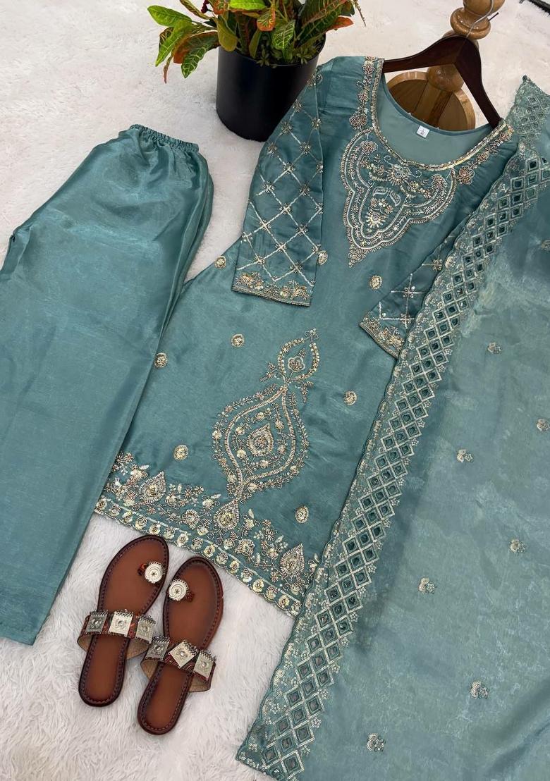 Blue Embroidery Silk Salwar Kameez - Indya