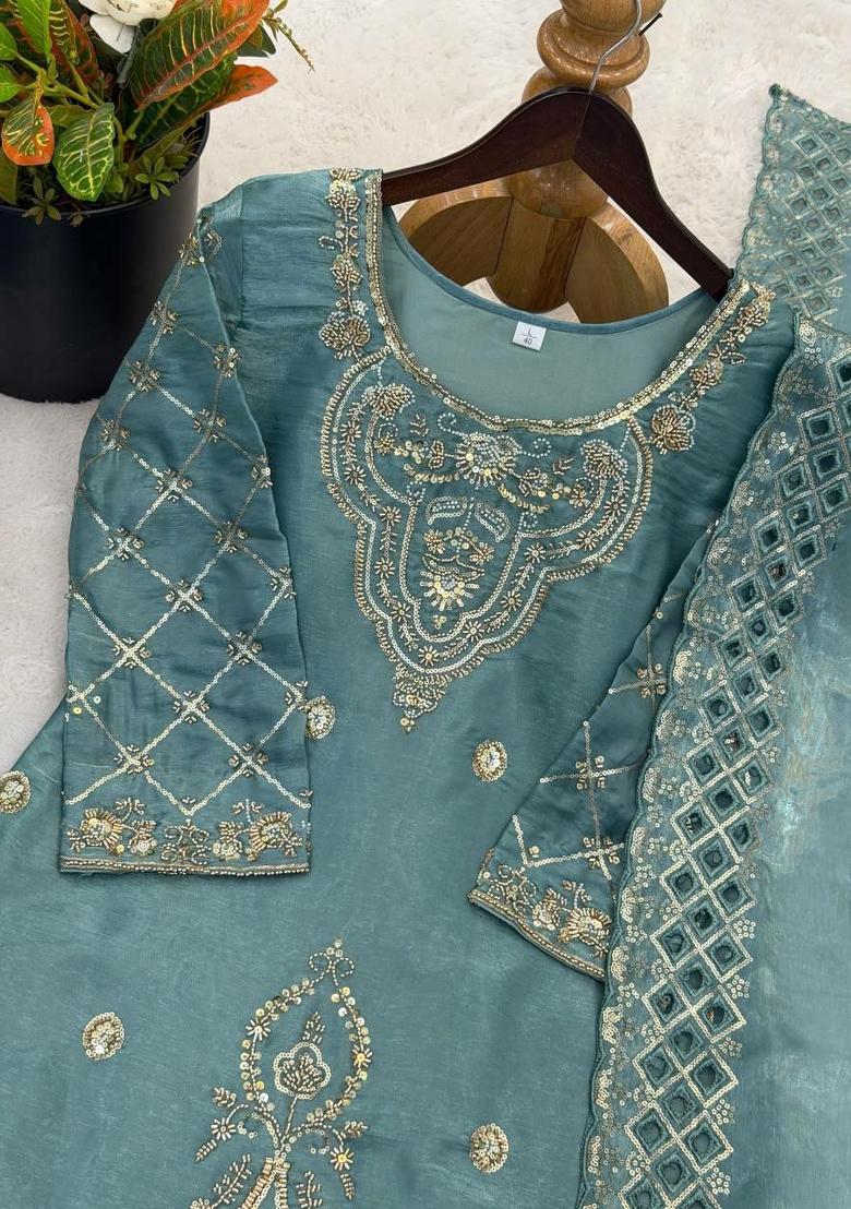 Blue Embroidery Silk Salwar Kameez - Indya