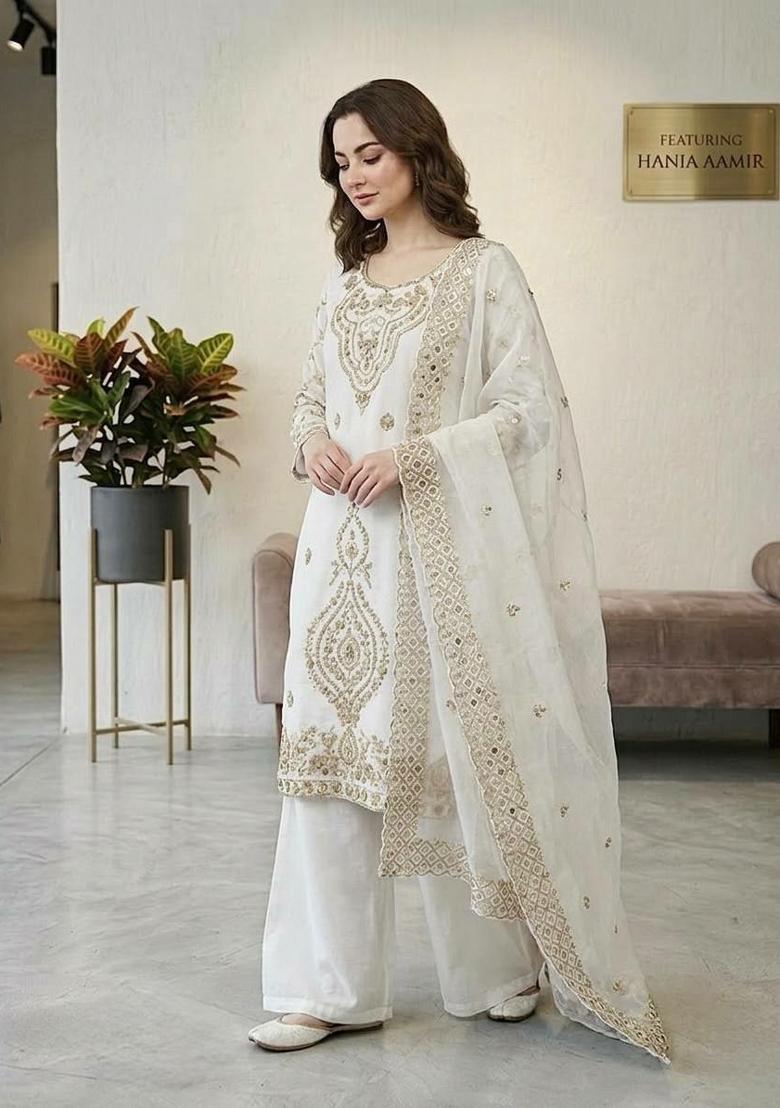 White Embroidery Silk Salwar Kameez - Indya