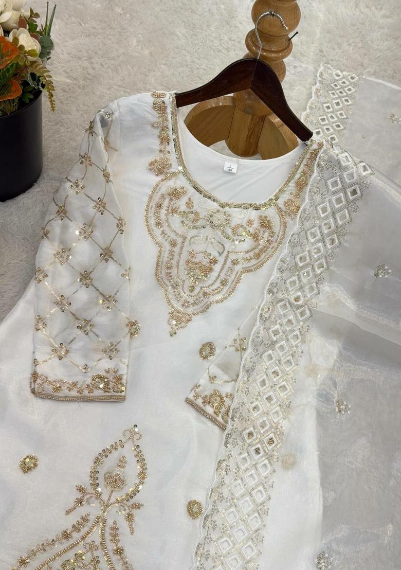 White Embroidery Silk Salwar Kameez - Indya