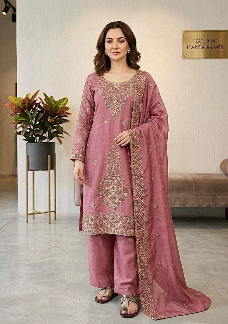Pink Embroidery Silk Salwar Kameez - Indya