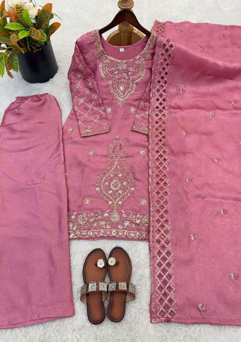 Pink Embroidery Silk Salwar Kameez - Indya