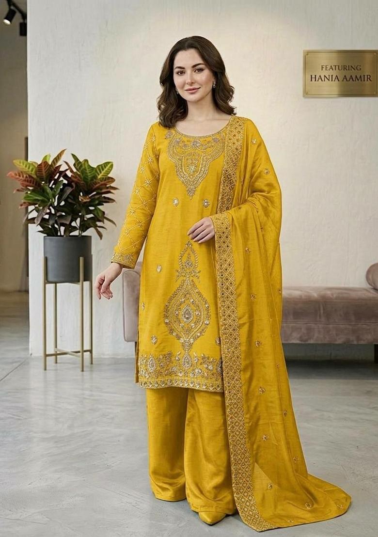 Yellow Embroidery Silk Salwar Kameez - Indya
