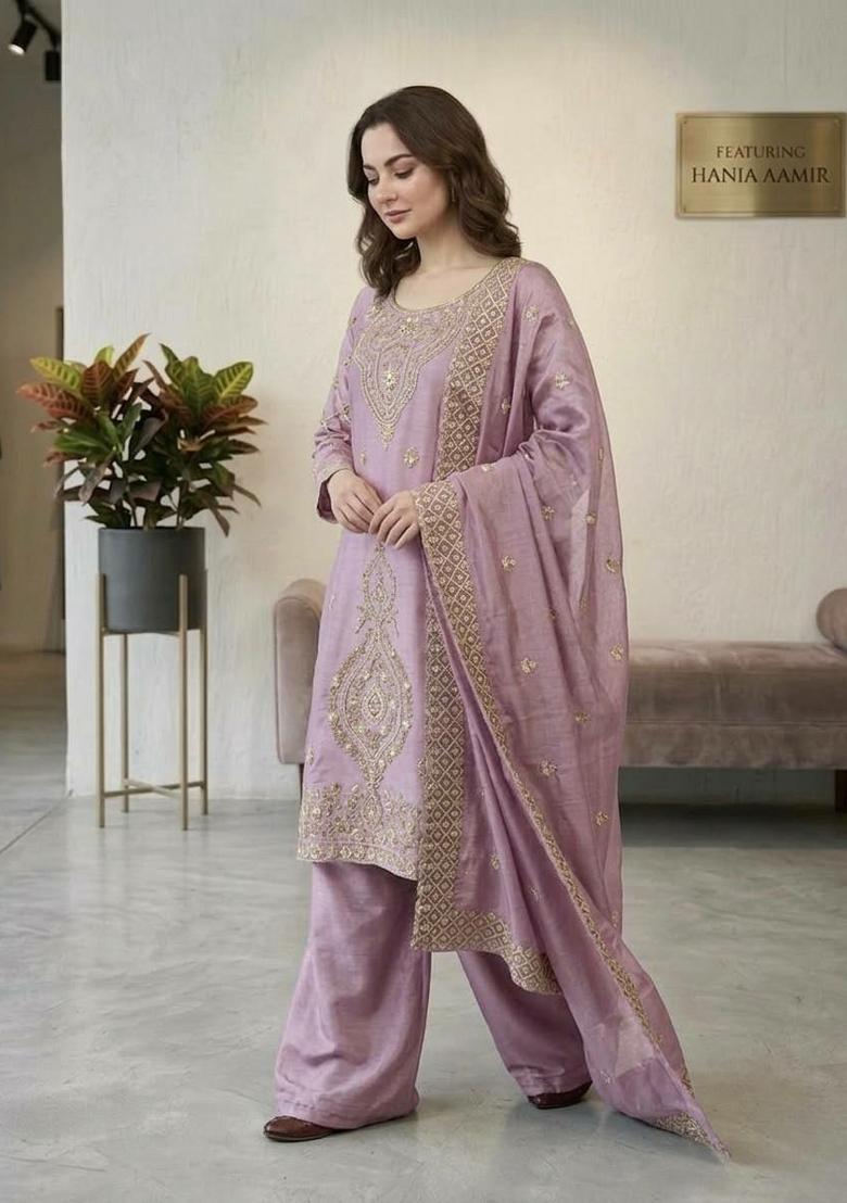 Lavender Embroidery Silk Salwar Kameez - Indya