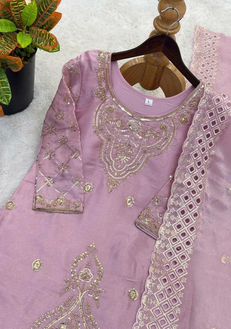 Lavender Embroidery Silk Salwar Kameez - Indya