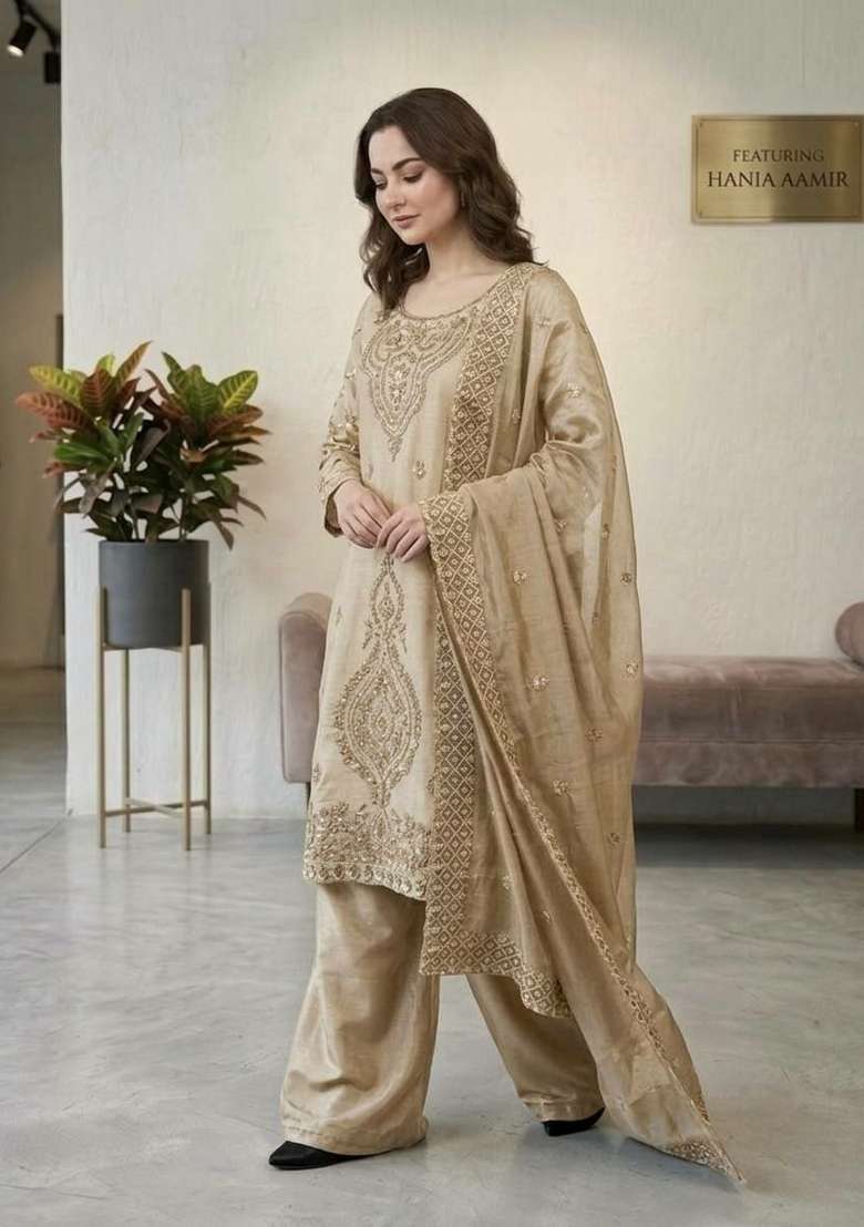 Brown Embroidery Silk Blend Salwar Kameez - Indya