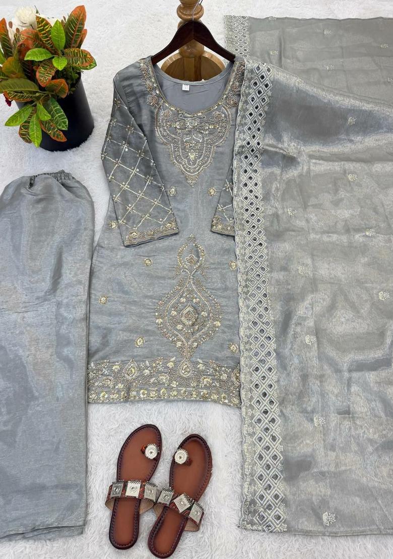 Grey Embroidery Silk Salwar Kameez - Indya