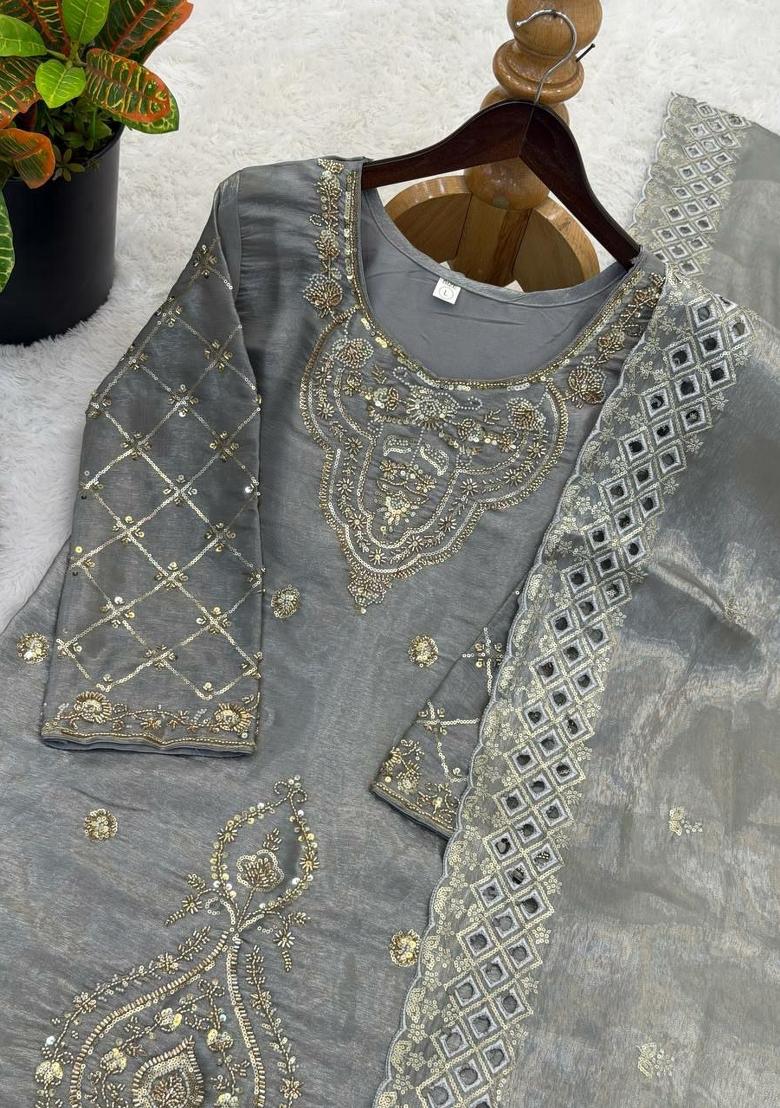 Grey Embroidery Silk Salwar Kameez - Indya